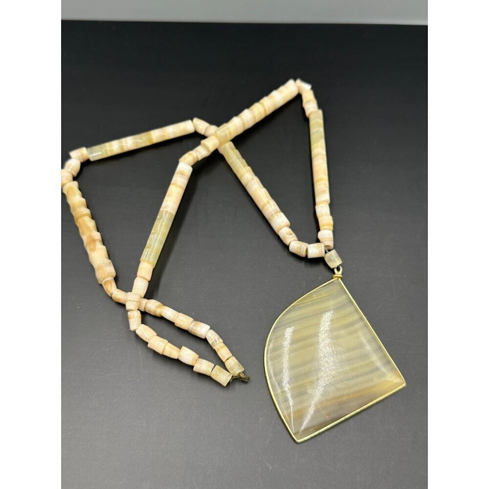 Vintage Necklace Natural Stone Beads Large Abstract Pendant Beige Striped